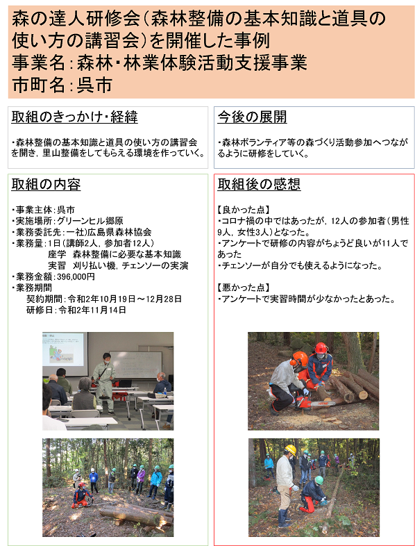 呉市　森林・林業体験活動支援事業により，森林整備の基本知識等の講習会を開催した事例