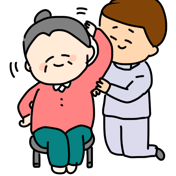 椅子に座って運動するおばあさんとサポートする療法士のイラスト