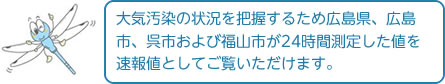 大気汚染の状況を把握するため広島県、広島市、呉市および福山市が24時間測定した値を速報値としてご覧いただけます。