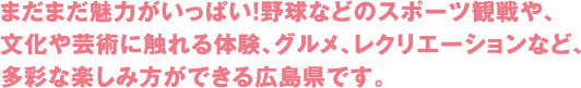 まだまだ魅力がいっぱい!野球などのスポーツ観戦や、文化や芸術に触れる体験、グルメ、レクレーションなど、多彩な楽しみ方ができる広島県です。