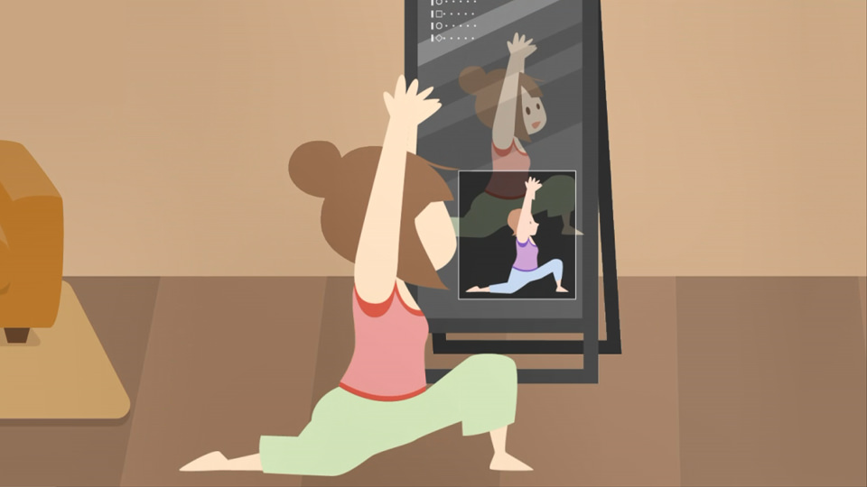 鏡の中に投影されるトレーナーからリアルタイムで指導を受ける様子