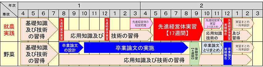 就農実践専攻と野菜専攻の学習スケジュール