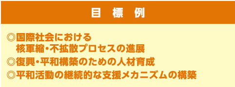 目標例◎国際社会における核軍縮・不拡散プロセスの進展◎復興・平和構築のための人材育成◎平和活動の継続的な支援メカニズムの構築