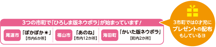 3つの市町で「ひろしま版ネウボラ」が始まっていま 3市町では0才児にプレゼントの配布もしているヨ