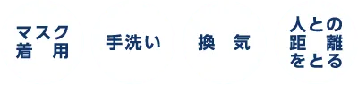 コロナ対策として「マスク着用」「手洗い」「換気」「人との距離を取る」といった基本的な感染対策を継続しましょう