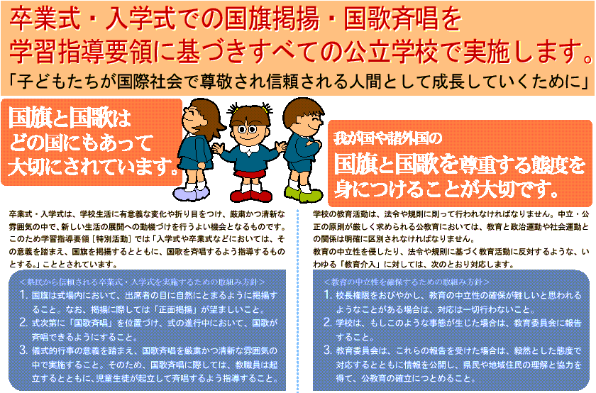 「卒業式・入学式での国旗掲揚・国歌斉唱を学習指導要領に基づきすべての公立学校で実施します。」の内容