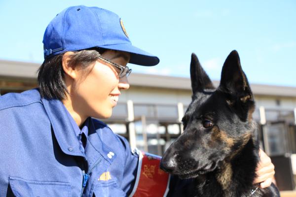 警察犬と顔を合わせる警察官