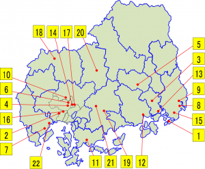 ケアマネマイスター広島の所属位置図(地図の番号は認定者名簿の番号)