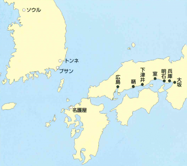 韓国及び西日本の地図（主要港名）