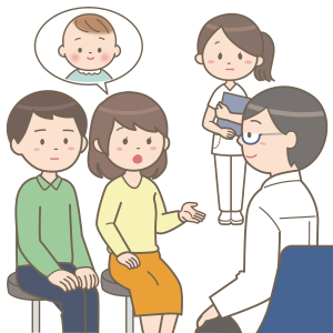 子どもについて考える夫婦と主治医のイラスト