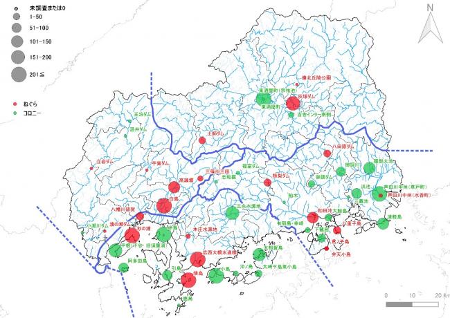 県内のカワウのねぐら・コロニーの個体数規模（令和３年１２月）