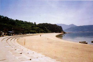 海食崖や岩礁と一体となった砂浜の写真