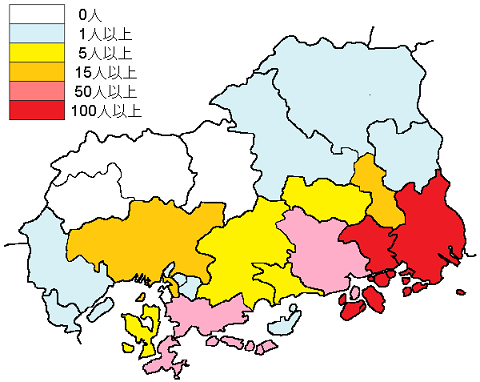 図２：広島県内の日本紅斑熱患者推定感染地域と発生状況（2013年～2023年）