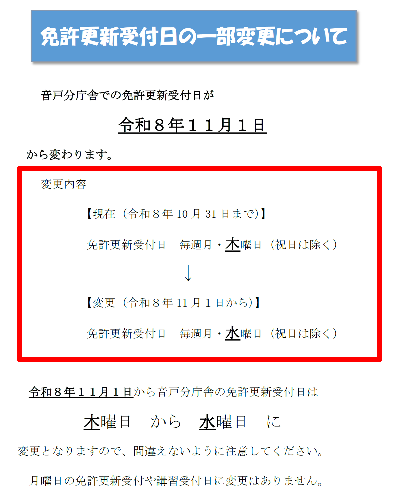 音戸分庁舎免許更新の変更について