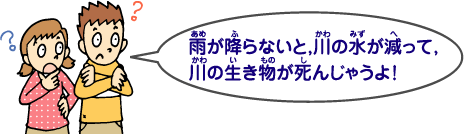 雨が降らないと，川の水が減って，川の生き物が死んじゃうよ！