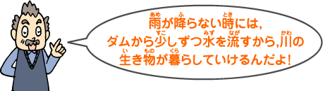 雨が降らない時には，ダムから少しずつ水を流すから，川の生き物が暮らしていけるんだよ！